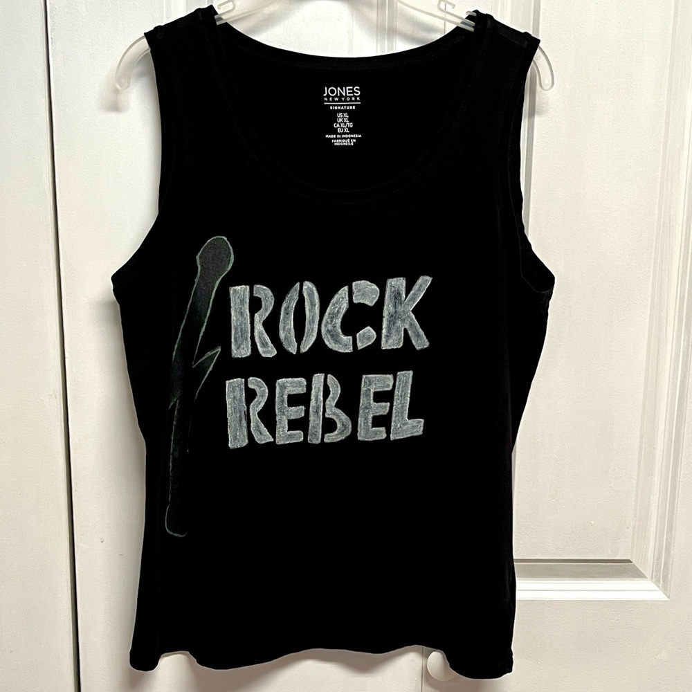 Jones New York Black Tank with Silver "Rock Rebel" Graphic Size XL